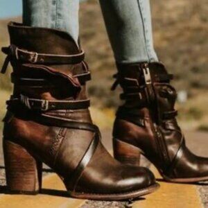 Freebird Baker Leather Strap Heeled Zipper Boot size 8